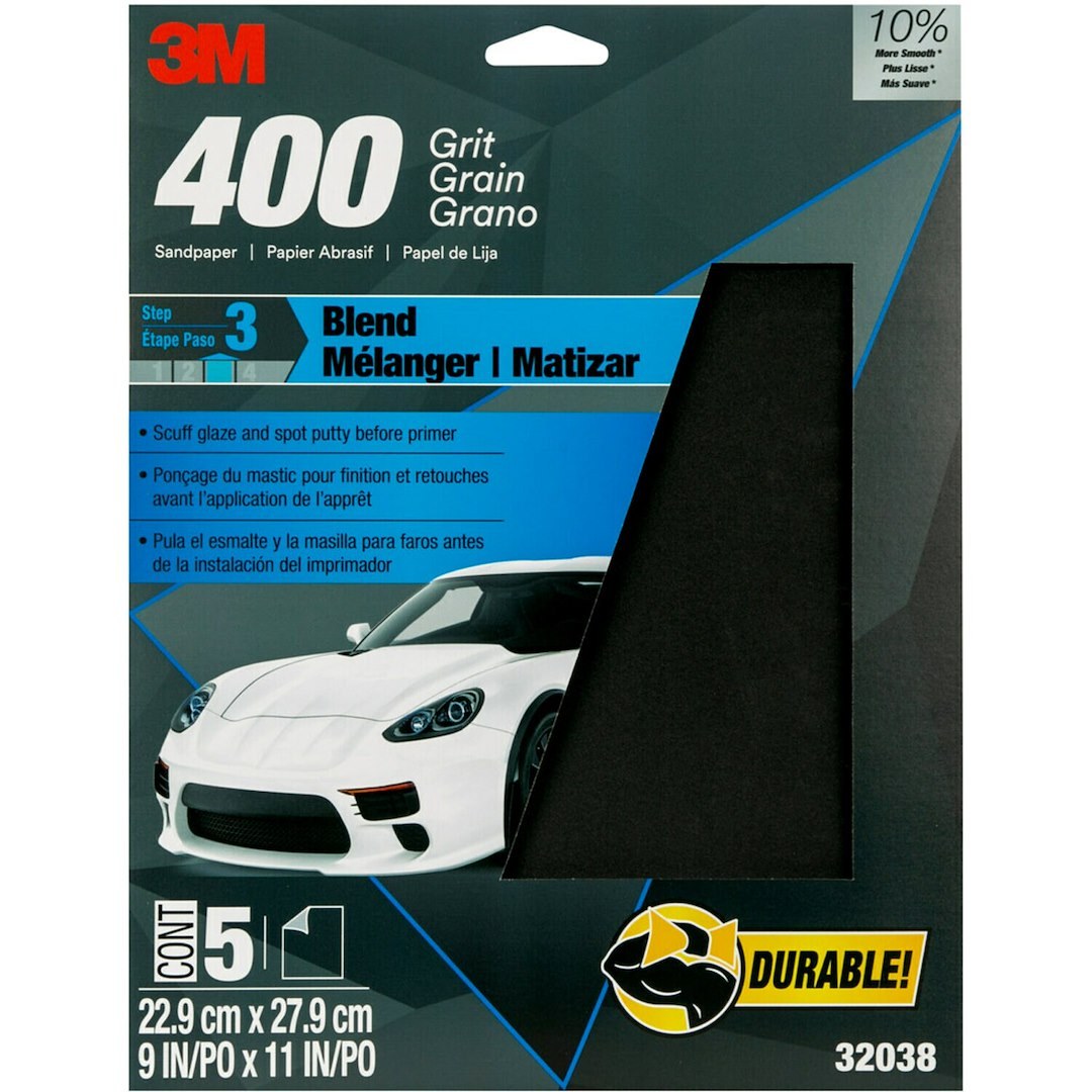 3M Sandpaper, Wetordry ™, Used for Wet Sanding/ Scuffing the Blend Area Prior to Painting, A Weight Paper Backing, P400 Grit, Black – 32038