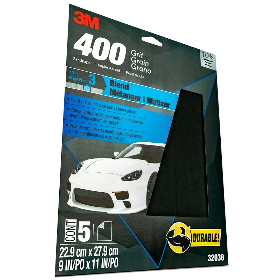 3M Sandpaper, Wetordry ™, Used for Wet Sanding/ Scuffing the Blend Area Prior to Painting, A Weight Paper Backing, P400 Grit, Black – 32038