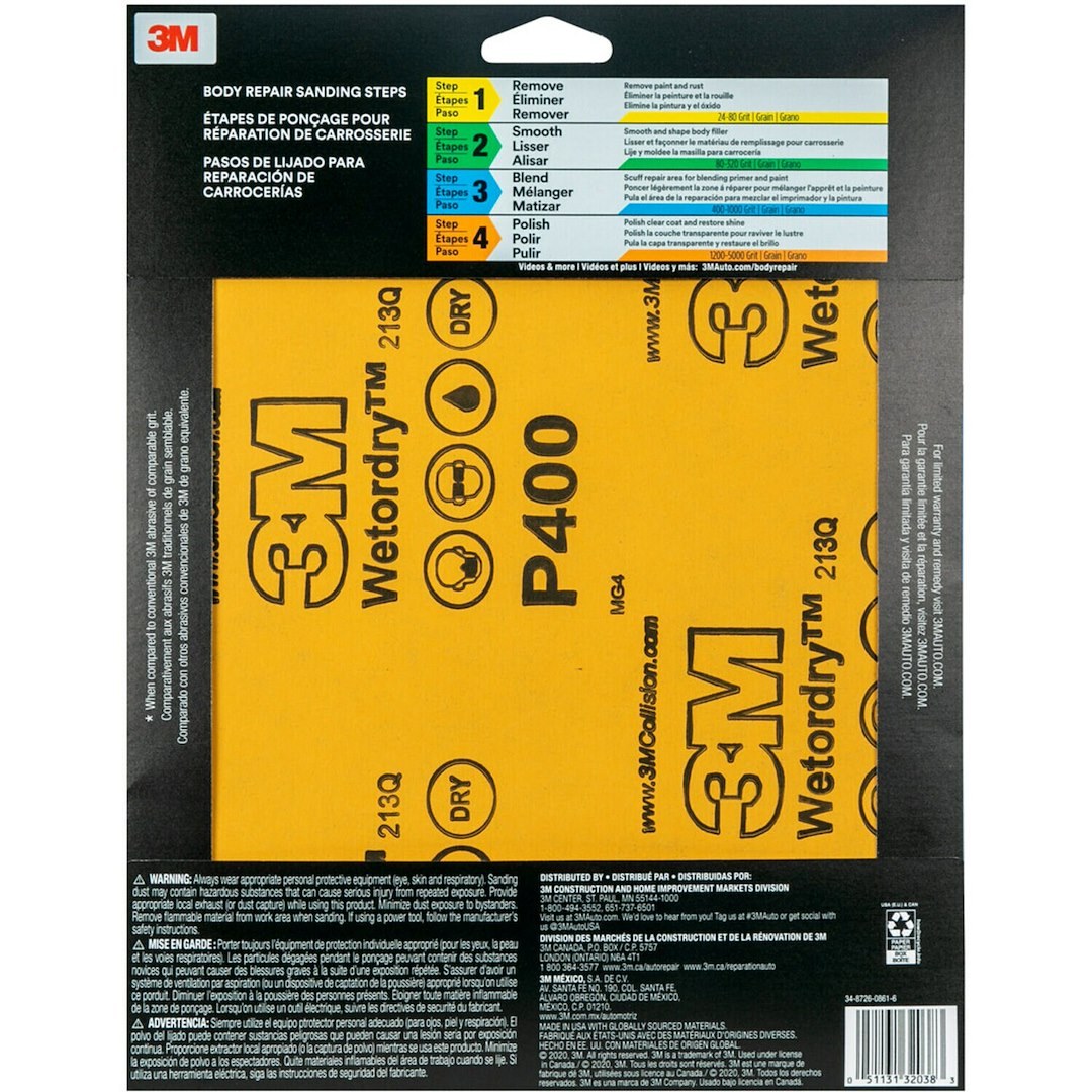 3M Sandpaper, Wetordry ™, Used for Wet Sanding/ Scuffing the Blend Area Prior to Painting, A Weight Paper Backing, P400 Grit, Black – 32038