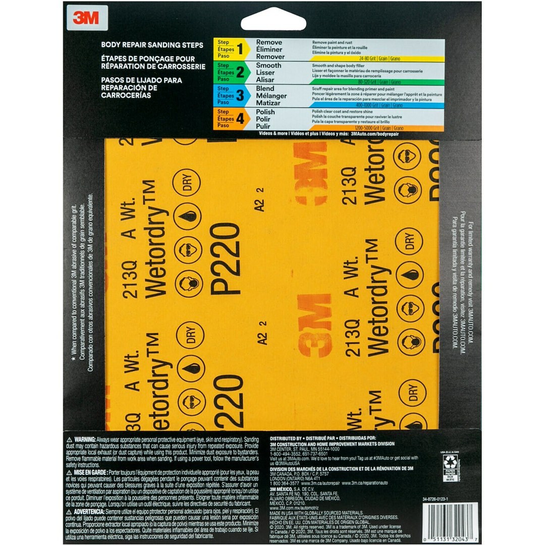 3M Sandpaper, Wetordry ™, Used IN Wet Sanding, A Weight Paper Backing, P220 Grit, Black, Aluminum Oxide, No Attachment – 32043