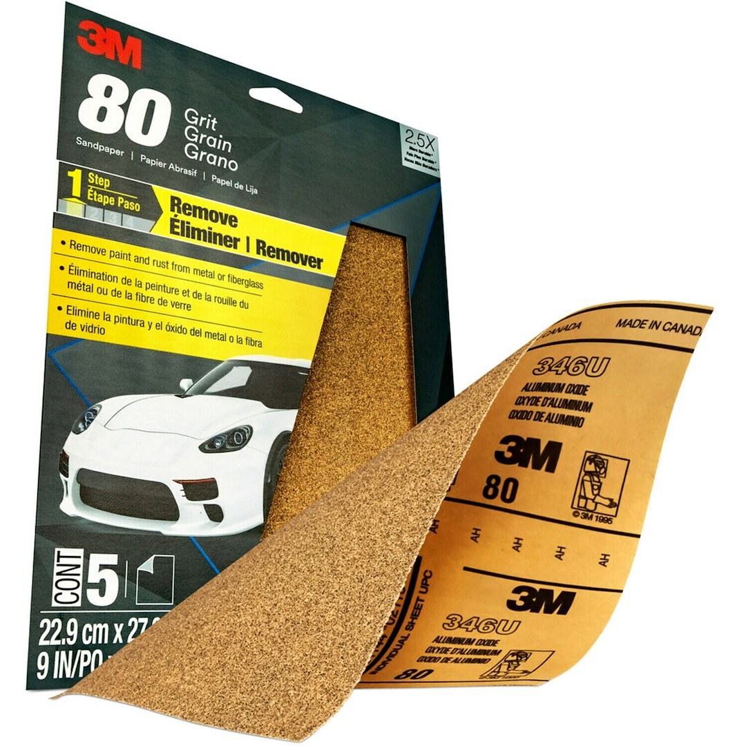 3M Sandpaper, Used for Finishing Plastic Filler and Scratch Refinement of Bare Metal, D Weight Paper Backing, P80 Grit, Brown, Aluminum Oxide – 32115