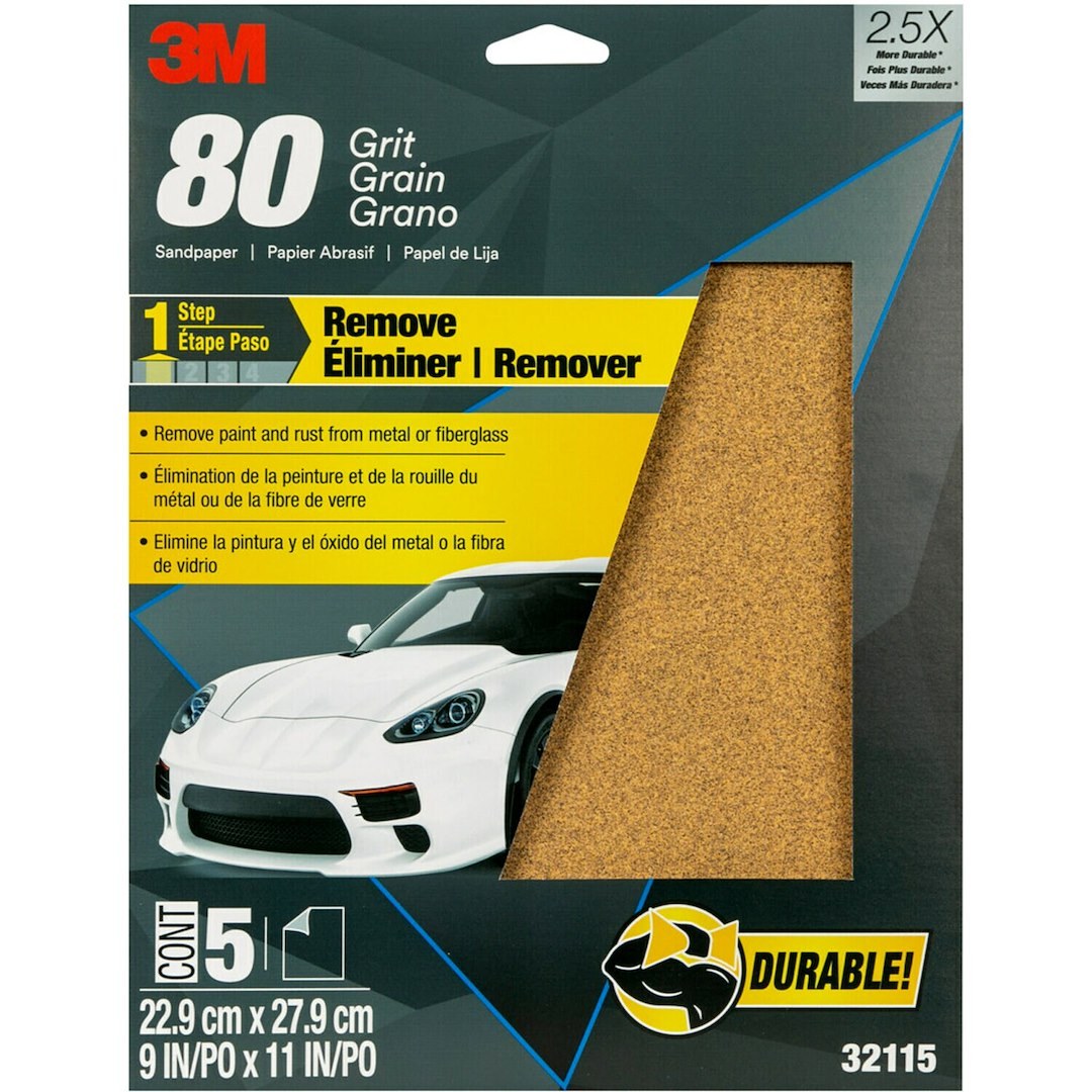 3M Sandpaper, Used for Finishing Plastic Filler and Scratch Refinement of Bare Metal, D Weight Paper Backing, P80 Grit, Brown, Aluminum Oxide – 32115