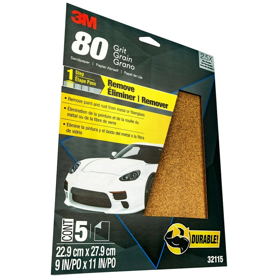 3M Sandpaper, Used for Finishing Plastic Filler and Scratch Refinement of Bare Metal, D Weight Paper Backing, P80 Grit, Brown, Aluminum Oxide – 32115