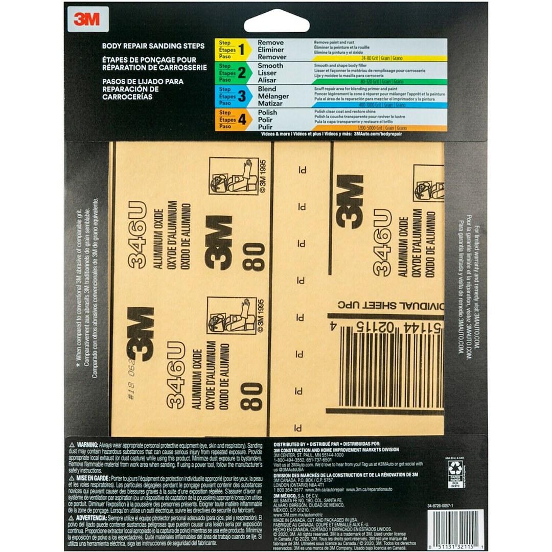 3M Sandpaper, Used for Finishing Plastic Filler and Scratch Refinement of Bare Metal, D Weight Paper Backing, P80 Grit, Brown, Aluminum Oxide – 32115