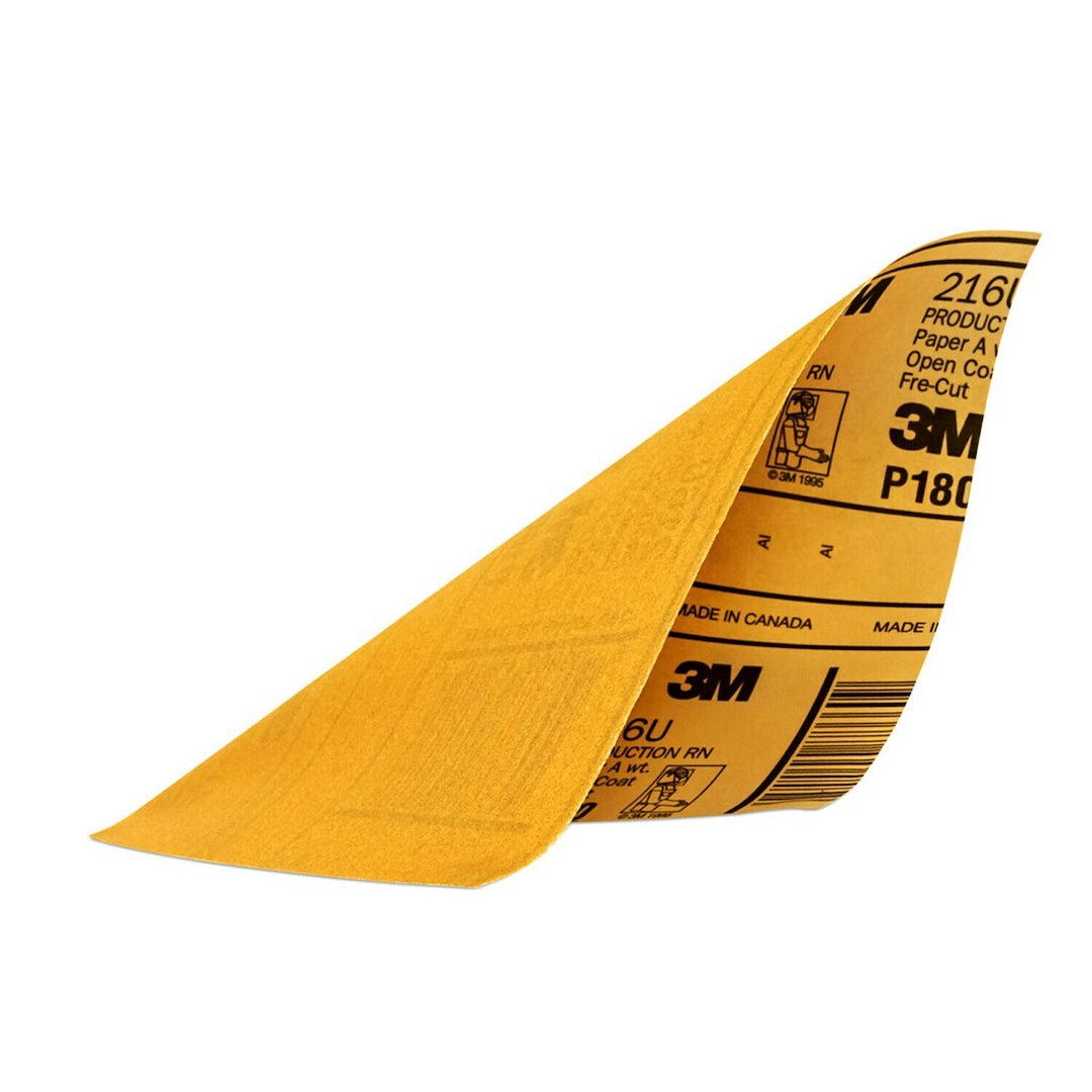 3M Sandpaper, Used for Fine Featheredging, A Weight Paper Backing, P180 Grit, Gold, Aluminum Oxide, No Attachment – 32545