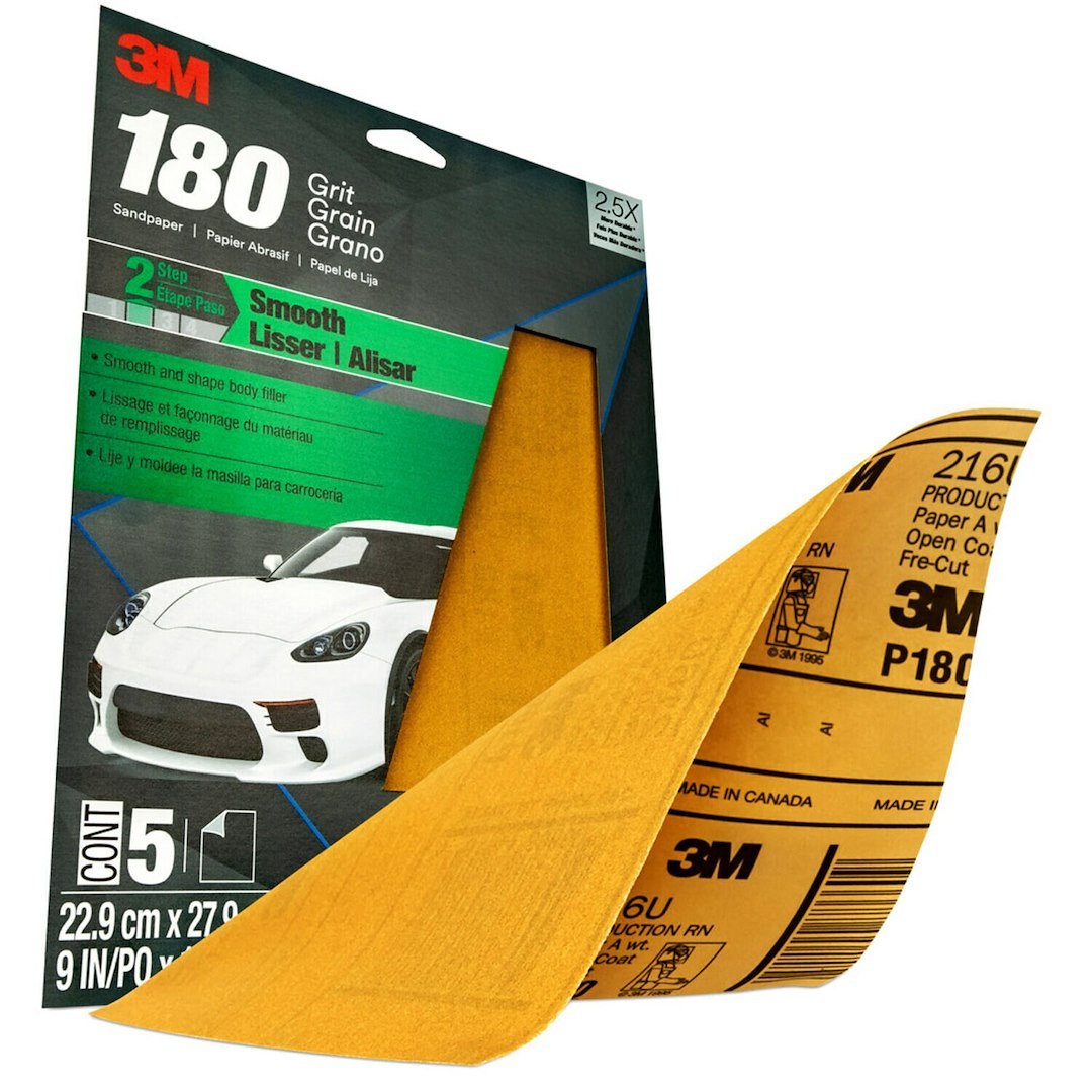 3M Sandpaper, Used for Fine Featheredging, A Weight Paper Backing, P180 Grit, Gold, Aluminum Oxide, No Attachment – 32545