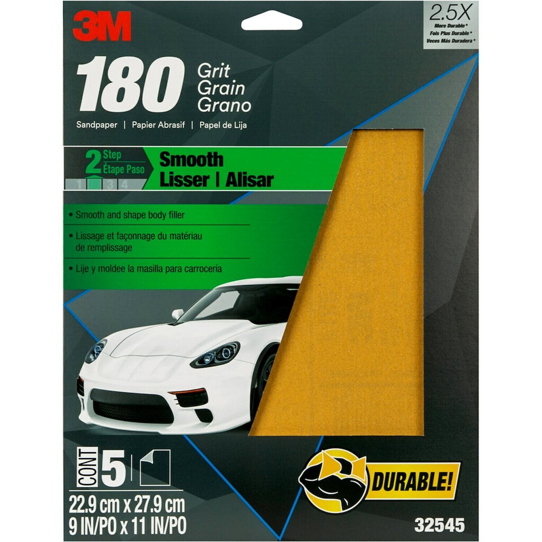 3M Sandpaper, Used for Fine Featheredging, A Weight Paper Backing, P180 Grit, Gold, Aluminum Oxide, No Attachment – 32545
