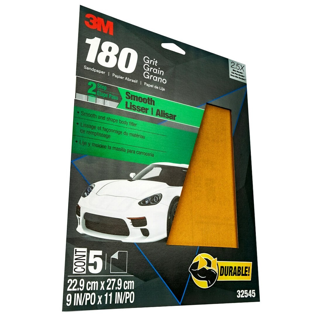 3M Sandpaper, Used for Fine Featheredging, A Weight Paper Backing, P180 Grit, Gold, Aluminum Oxide, No Attachment – 32545