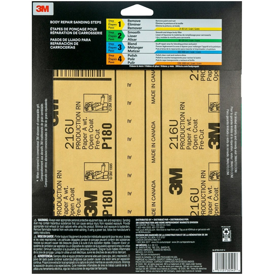 3M Sandpaper, Used for Fine Featheredging, A Weight Paper Backing, P180 Grit, Gold, Aluminum Oxide, No Attachment – 32545