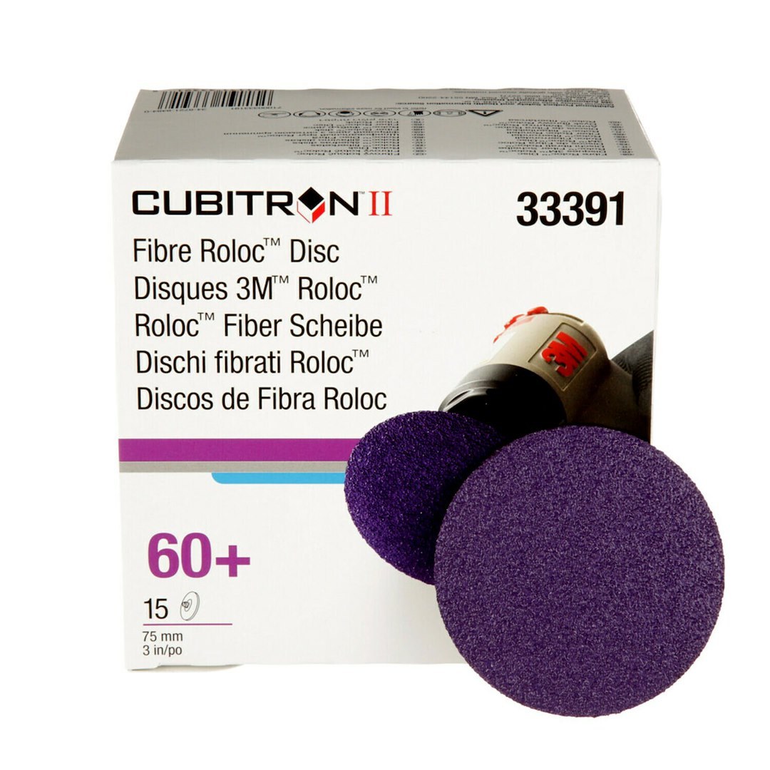 3M Grinding Disc, 3 Inch Diameter, 60+ Grade, Purple, Cubitron II Mineral, Roloc Type Attachment, Machine, Box of 15 – 33391