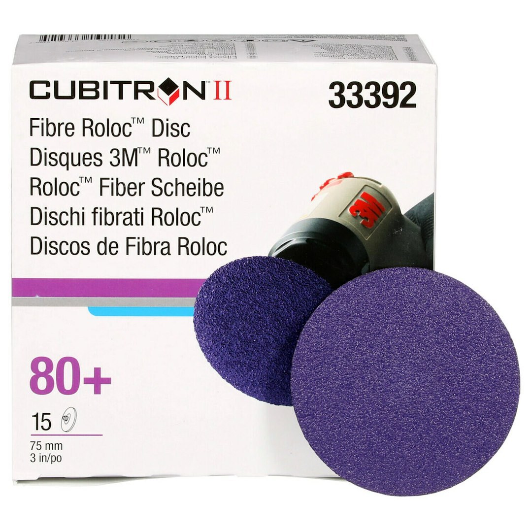 3M Grinding Disc, 3 Inch Diameter, 80+ Grade, Purple, Cubitron II Mineral, Roloc Type Attachment, Machine, Box of 15 – 33392