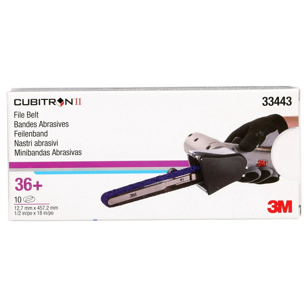 3M Sanding Belt, Cubitron™ II, Use with 3M File Belt Sander, 36+ Grit, 18 Inch Length X 1/2 Inch Width, Dry Use Only, Purple – 33443