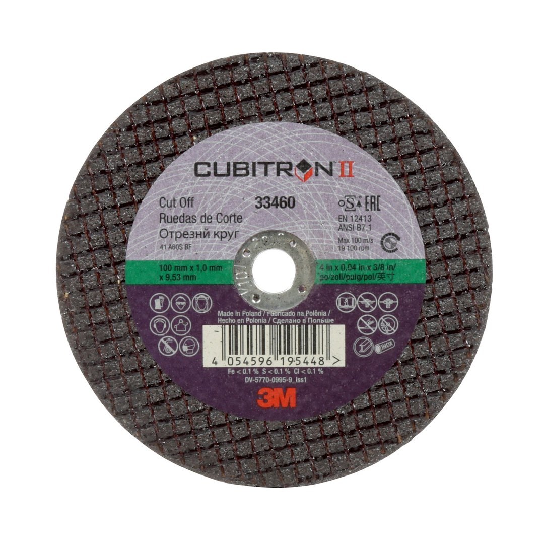 3M Cut Off Wheel, Cubitron™ II, Use to Cut Mild/ Ultra High Strength Steel, 4 Inch Diameter, 0.04 Inch Thickness, 3/8 Inch Arbor Size – 33460