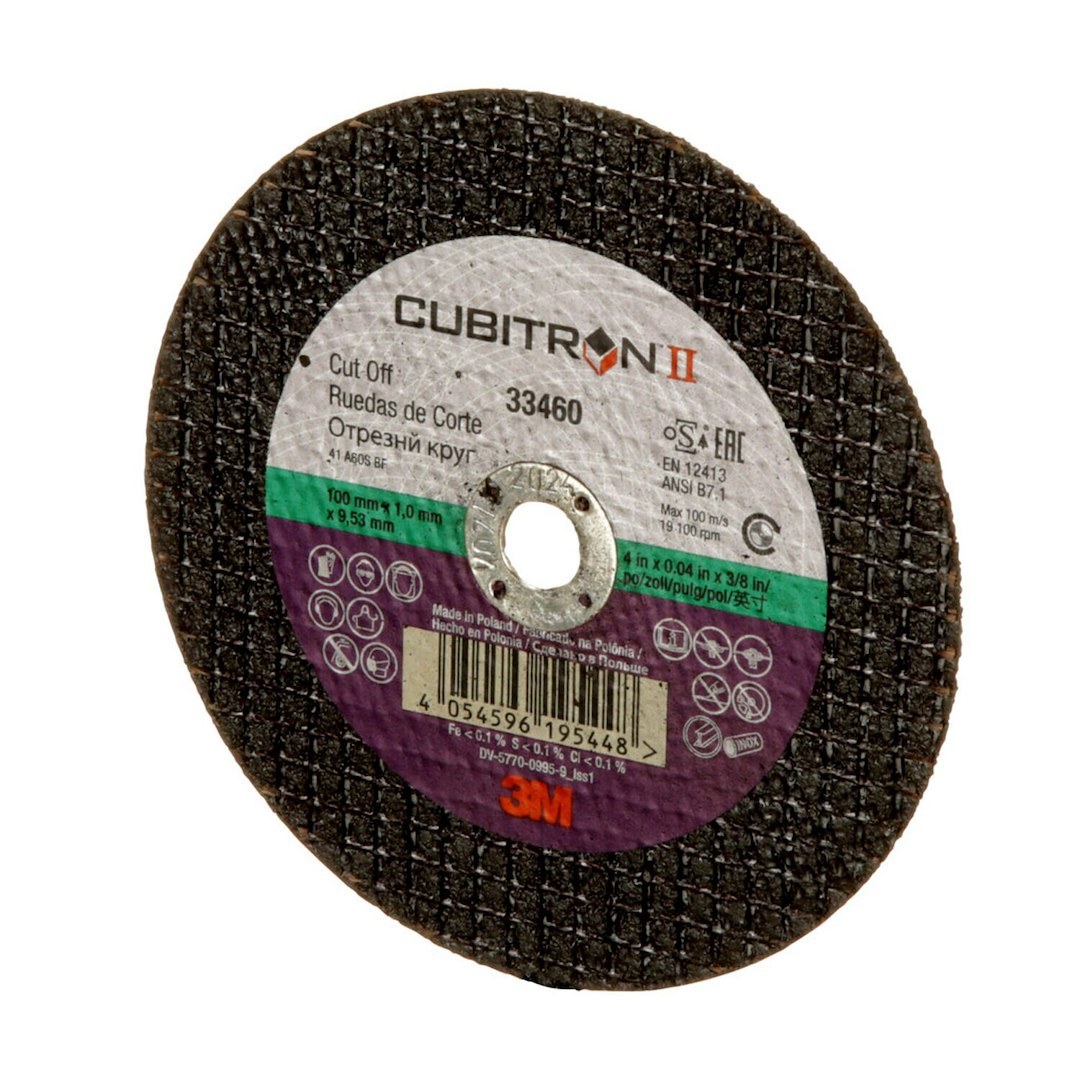 3M Cut Off Wheel, Cubitron™ II, Use to Cut Mild/ Ultra High Strength Steel, 4 Inch Diameter, 0.04 Inch Thickness, 3/8 Inch Arbor Size – 33460