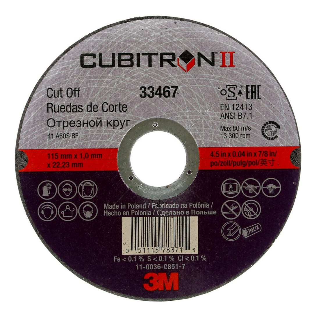 3M Cut Off Wheel, Cubitron™ II, Use to Cut Mild/ Ultra High Strength Steel, 4.5 Inch Diameter, 0.04 Inch Thickness, 7/8 Inch Arbor Size – 33467
