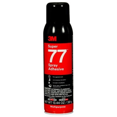 3M Adhesive, Super 77 ™, Used to Bond Paper/ Cardboard/ Fabric/ Insulation/ Plastic/ Metal/ Wood/ Foils/ Carpeting/ Felt, 16 Ounce Aerosol Can – 86234