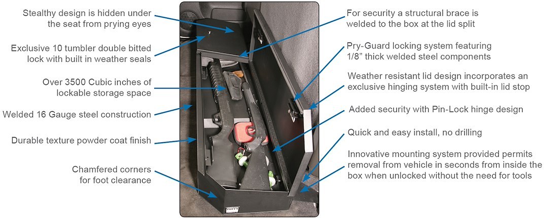 Tuffy Sec Under Seat Storage Unit, Under Rear Seat, Security Lockbox, 13 Inch Length X 55-7/8 Inch Width X 7 Inch Height Overall Size – 307-01