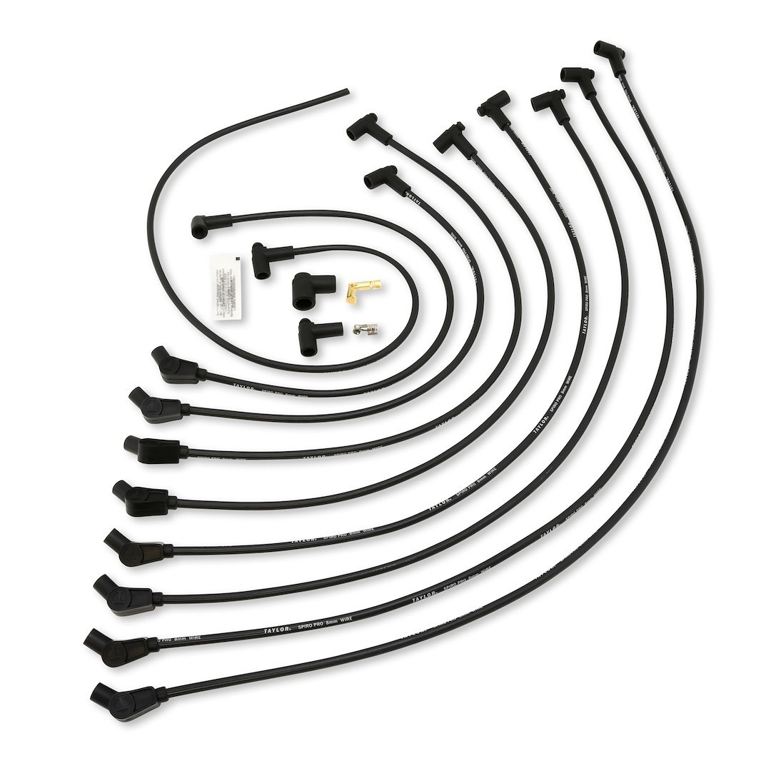 Taylor Cable Spark Plug Wire Set, Spiro-Pro Race-Fit, Pre Assembled, Black, 8 Millimeter Diameter, Fiberglass Insulated Silicone, Wire Core – 76032