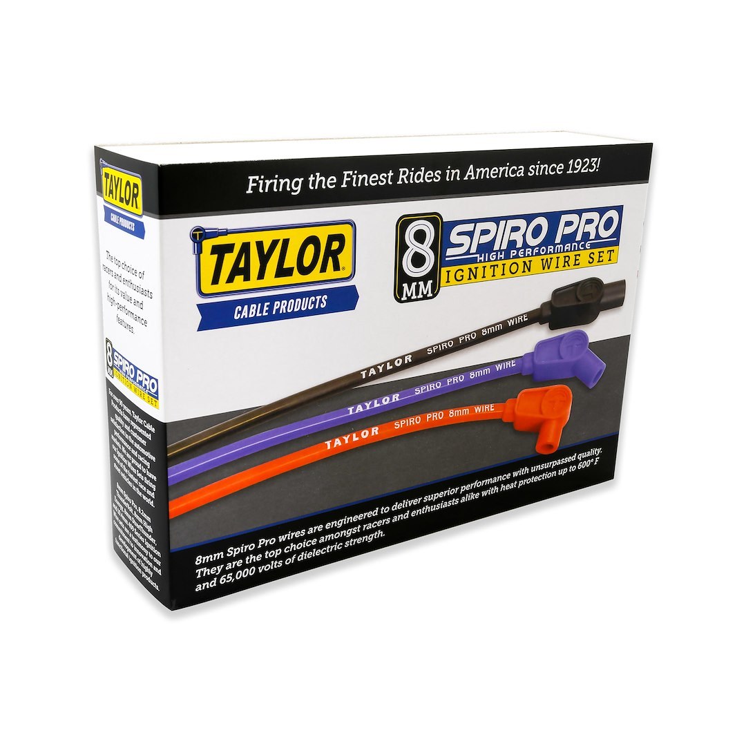 Taylor Cable Spark Plug Wire Set, Spiro-Pro Race-Fit, Pre Assembled, Black, 8 Millimeter Diameter, Fiberglass Insulated Silicone, Wire Core – 76032