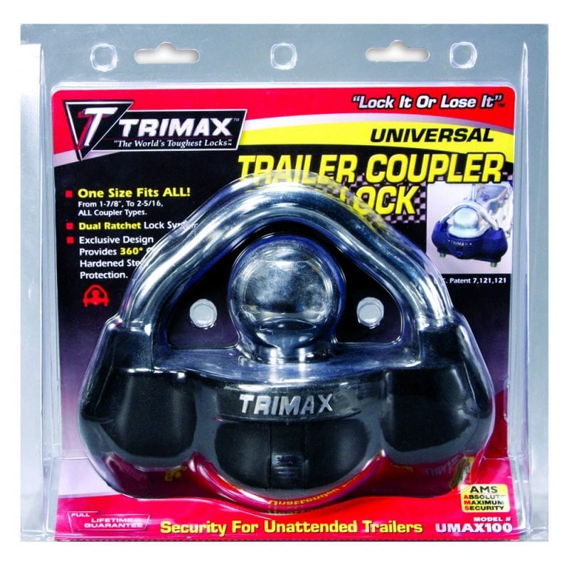 Trimax Trailer Coupler Lock, Hitch Ball and Clamp Type, Fits 1-7/8 Inch/ 2 Inch and 2-5/16 Inch Couplers, With 2071 Key – UMAX100-2073