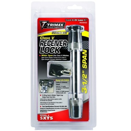 Trimax Trailer Hitch Pin, Barbell Type, 5/8 Inch Diameter, 3-1/2 Inch Span, Use with Class V Hitches, With Keyed Lock, With Dust Cover – SXT5