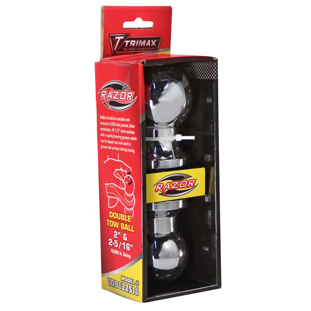 Trimax Trailer Hitch Ball, 2 Inch and 2-5/16 Inch Balls, 10000 Pound Gross Trailer Weight Capacity, 1 Inch Long Shank, Chrome, Steel – TDBC22516