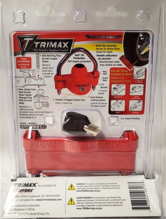 Trimax Trailer Coupler Lock, Hitch Ball and Clamp Type, 1-7/8 Inch to 2-5/16 Inch, Red, Steel Shackle, Single – UMAX25D