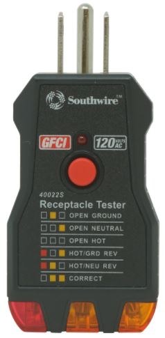 Southwire Circuit Tester, Red/ Amber Light Display, 110 to 125 Volt AC, Detects Faulty Wiring IN 3-WIRE Receptacles – 40022S