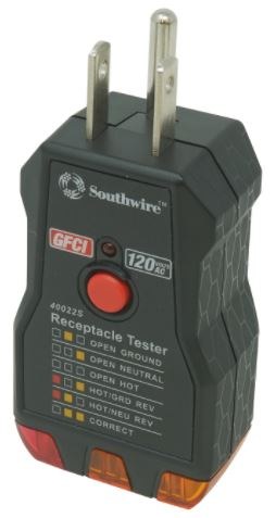 Southwire Circuit Tester, Red/ Amber Light Display, 110 to 125 Volt AC, Detects Faulty Wiring IN 3-WIRE Receptacles – 40022S
