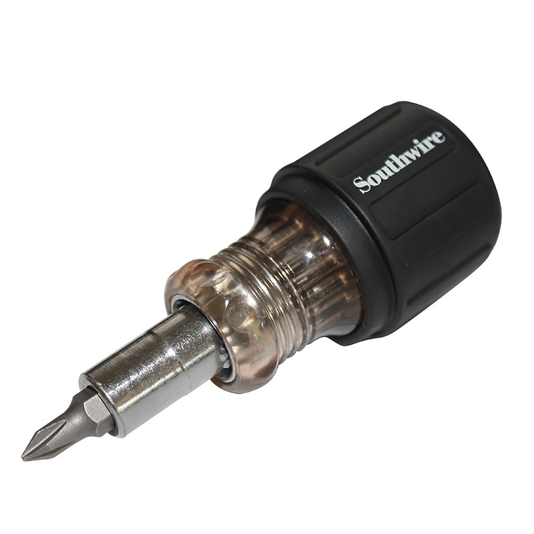 Southwire Screwdriver, 6-IN-1 Stubby, 5/16 Inch and 1/2 Inch Hex/ #1 and #2 Phillips/ 3/16 Inch and 1/4 Inch Slotted Tip, Black Handle – SDS6N1