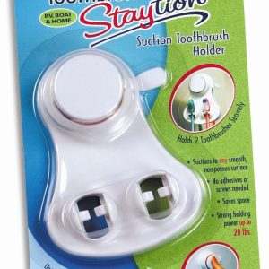 Thetford Toothbrush Holder, Staytion ™, Holds 2 Toothbrushes, 20 Pounds Holding Capacity, Suction Mount, White, Without Cover – 36669