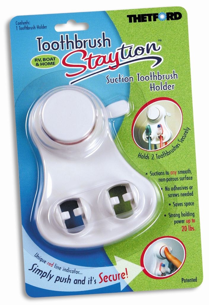 Thetford Toothbrush Holder, Staytion ™, Holds 2 Toothbrushes, 20 Pounds Holding Capacity, Suction Mount, White, Without Cover – 36669