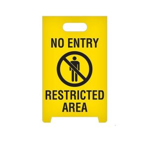 Top Tape Restricted Area Sign, A-Frame Plastic Stand Up Floor, 12 Inch Width X 19 Inch Height, Black with Yellow Background – ASF1004