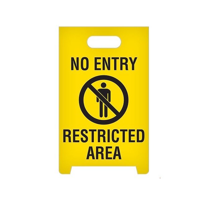 Top Tape Restricted Area Sign, A-Frame Plastic Stand Up Floor, 12 Inch Width X 19 Inch Height, Black with Yellow Background – ASF1004