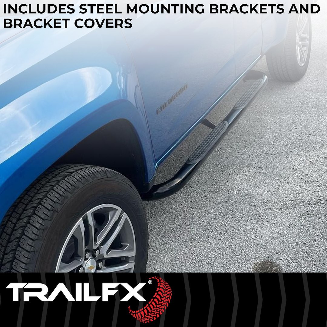 TrailFX Nerf Bar, Tfx Round Tube Side Steps, With Step Pads, 3 Inch Round Bent, Powder Coated, Black, Steel, With Plastic End Caps – 1150540073