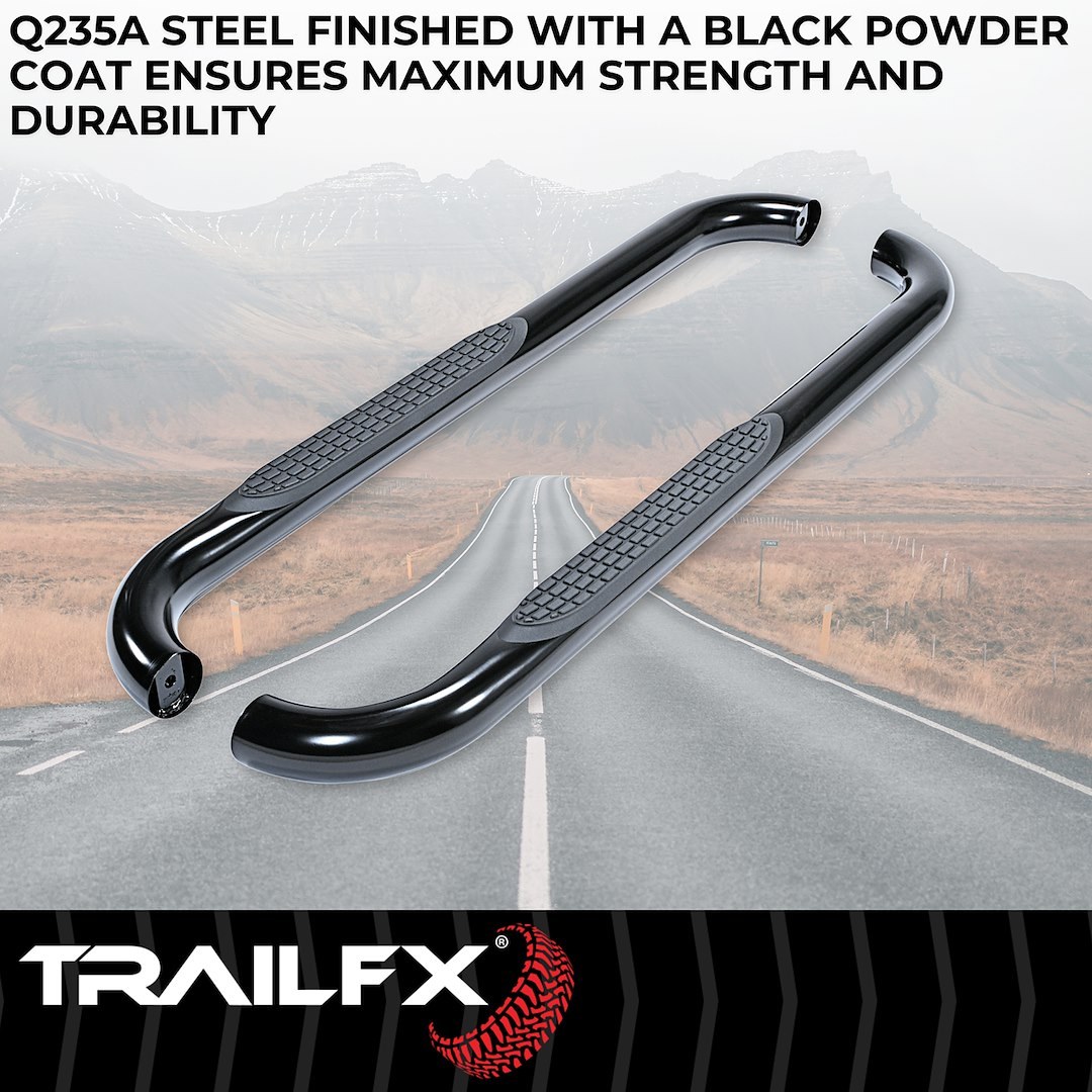 TrailFX Nerf Bar, Tfx Round Tube Side Steps, With Step Pads, 3 Inch Round Bent, Powder Coated, Black, Steel, With Plastic End Caps – 1160632073