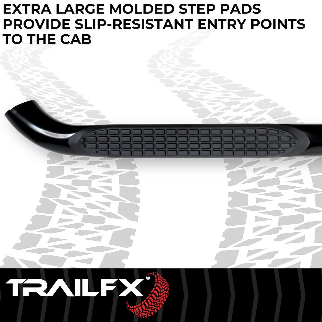 TrailFX Nerf Bar, Tfx Round Tube Side Steps, With Step Pads, 3 Inch Round Bent, Powder Coated, Black, Steel, With Plastic End Caps – 1160632073