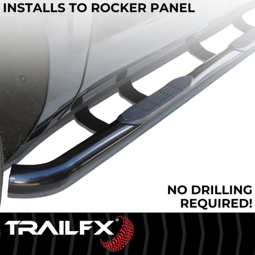 TrailFX Nerf Bar, Tfx Round Tube Side Steps, With Step Pads, 3 Inch Round Bent, Powder Coated, Black, Steel, With Plastic End Caps – 1160632073