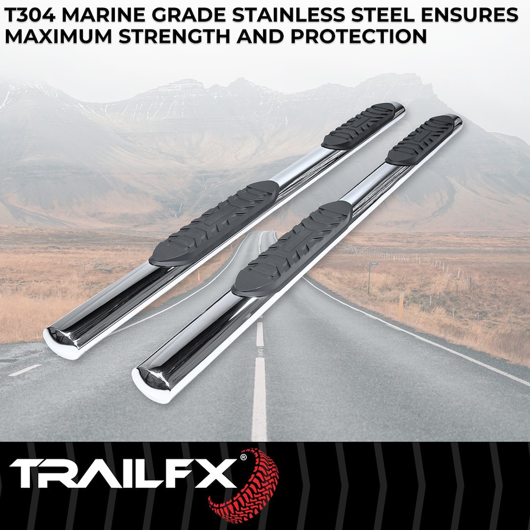 TrailFX Nerf Bar, Tfx 4″ Oval Tube Side Steps, With Step Pads, 4 Inch Oval Straight, Polished, Stainless Steel, With Welded End Caps – 2930313041