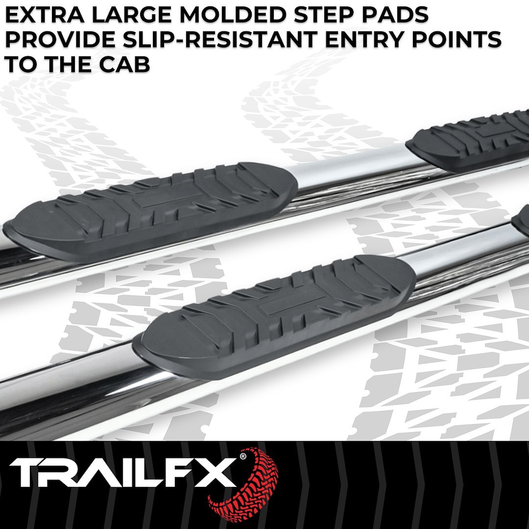TrailFX Nerf Bar, Tfx 4″ Oval Tube Side Steps, With Step Pads, 4 Inch Oval Straight, Polished, Stainless Steel, With Welded End Caps – 2930313041
