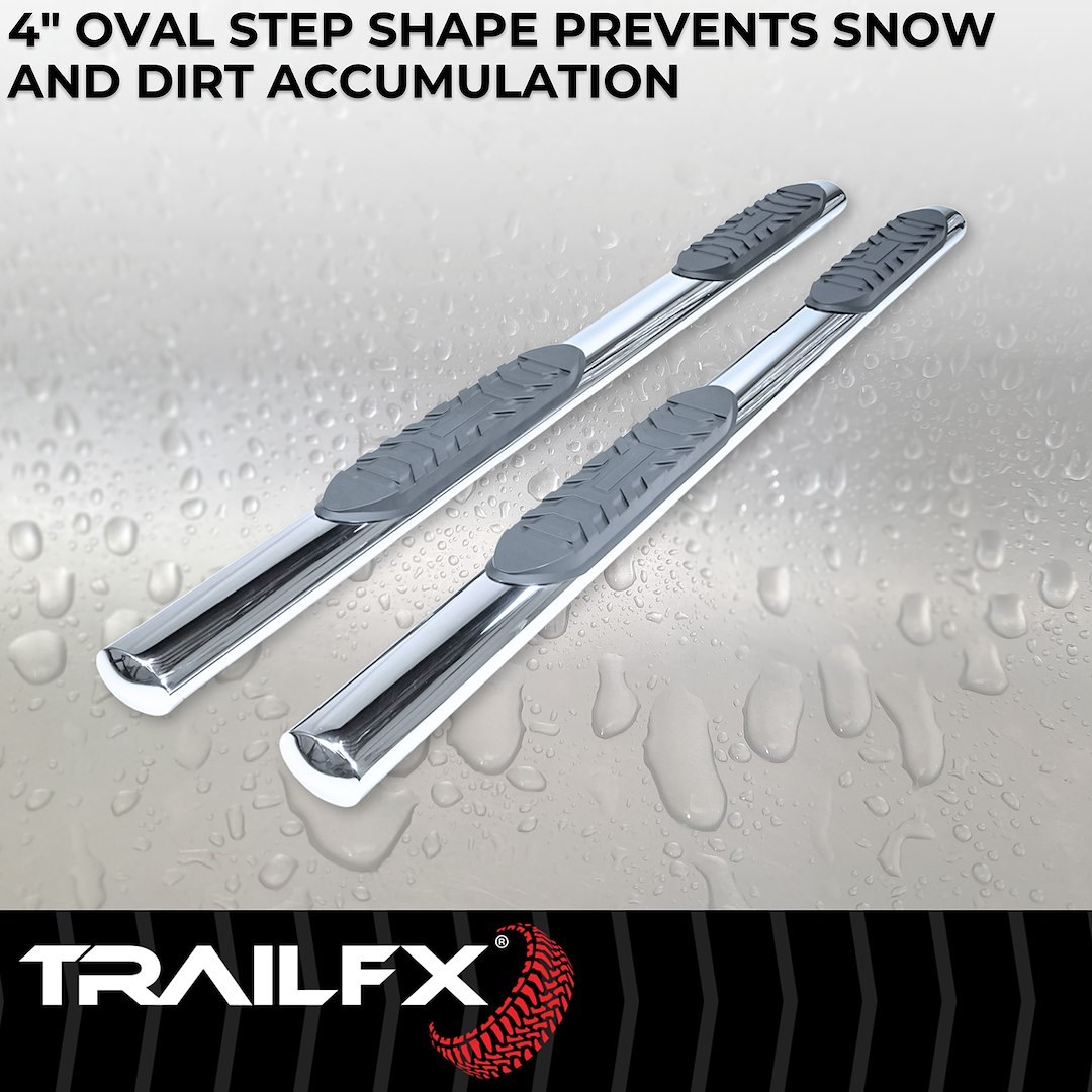 TrailFX Nerf Bar, Tfx 4″ Oval Tube Side Steps, With Step Pads, 4 Inch Oval Straight, Polished, Stainless Steel, With Welded End Caps – 2930313041