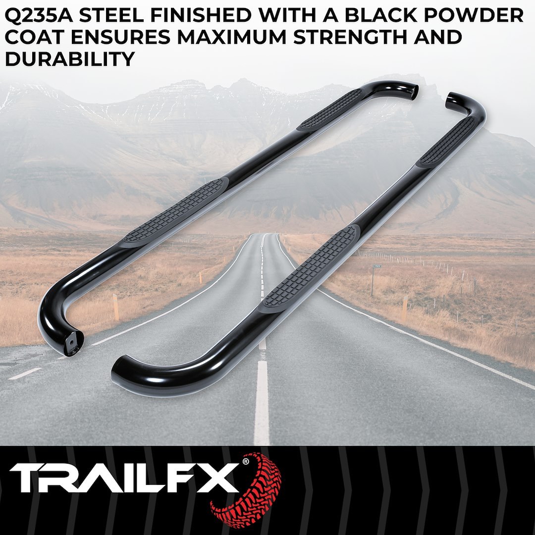 TrailFX Nerf Bar, Tfx Round Tube Side Steps, With Step Pads, 3 Inch Round Bent, Powder Coated, Black, Steel, Without End Caps – A0004B