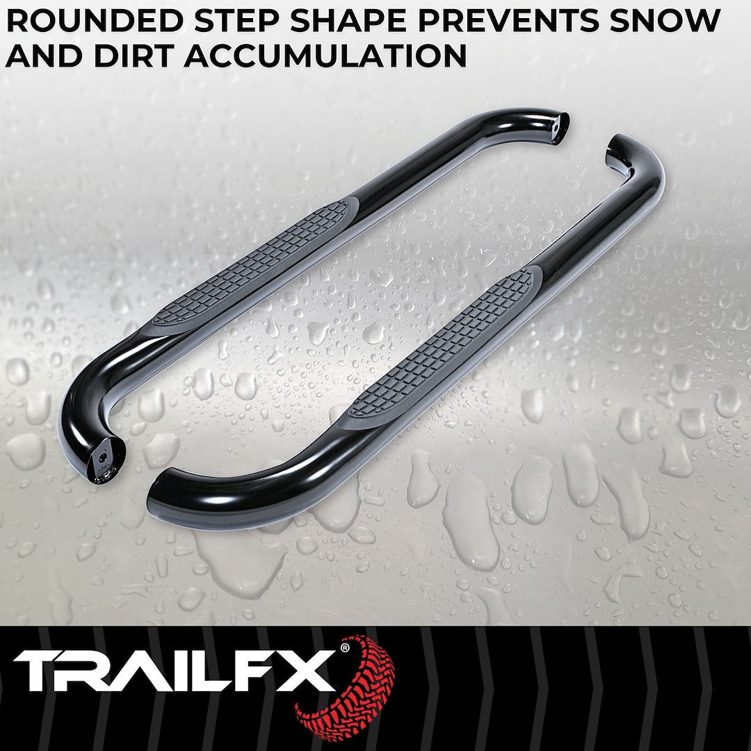 TrailFX Nerf Bar, Tfx Round Tube Side Steps, With Step Pads, 3 Inch Round Bent, Powder Coated, Black, Steel, Without End Caps – A0029B