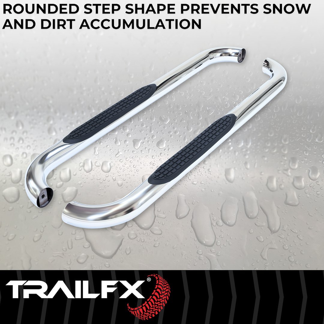 TrailFX Nerf Bar, Tfx Round Tube Side Steps, With Step Pads, 3 Inch Round Bent, Polished, Stainless Steel, Without End Caps – A0029S