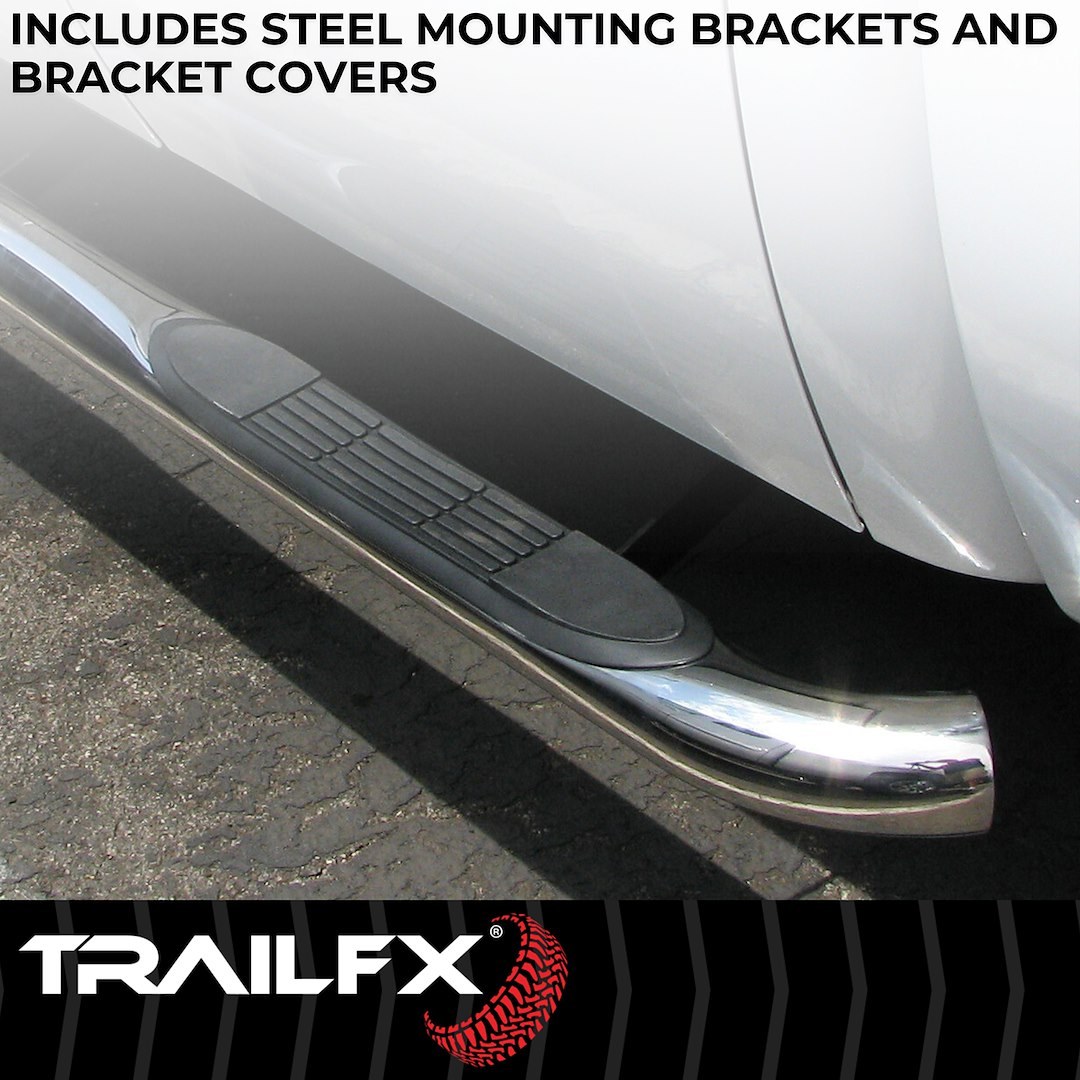 TrailFX Nerf Bar, Tfx Round Tube Side Steps, With Step Pads, 3 Inch Round Bent, Polished, Stainless Steel, Without End Caps – A0029S