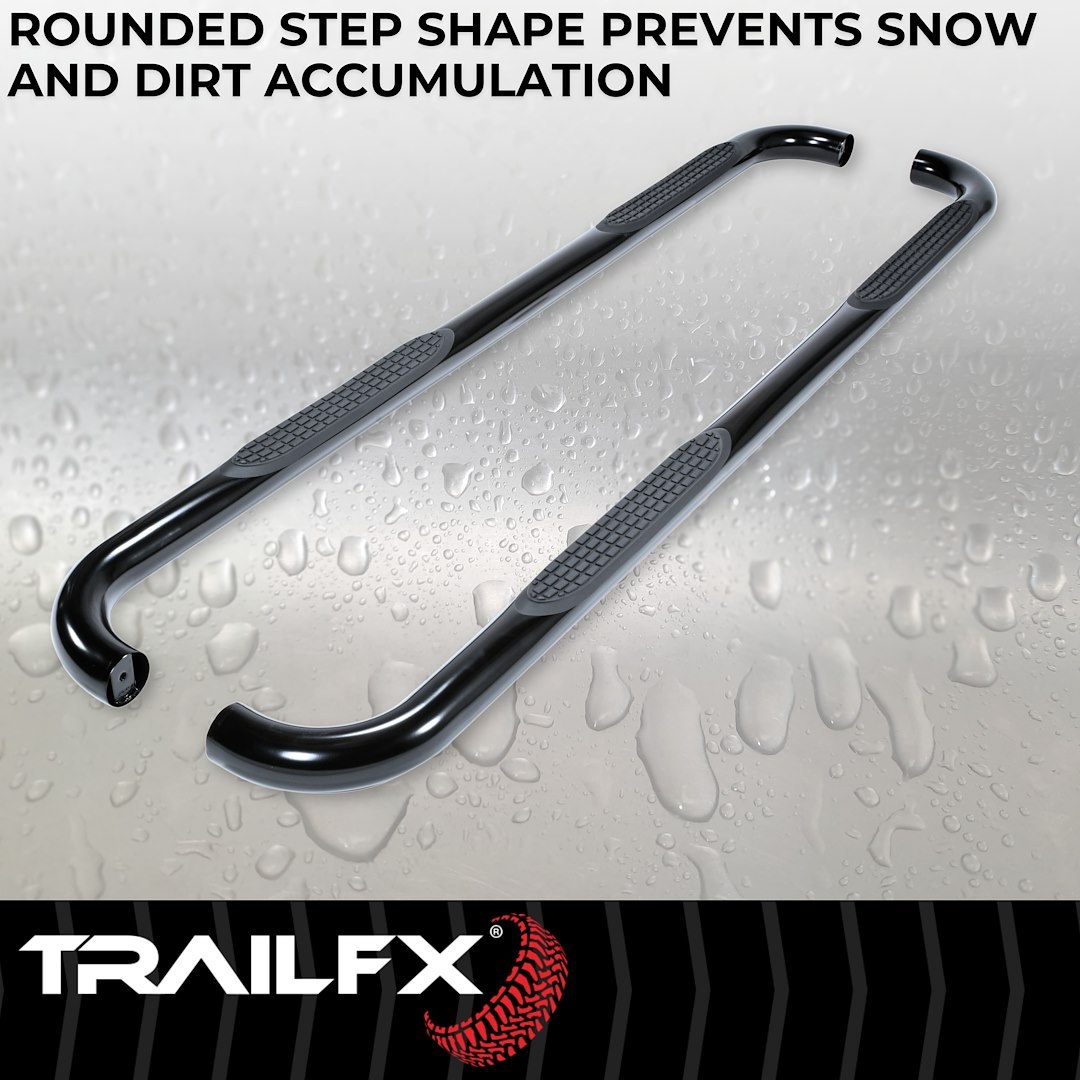 TrailFX Nerf Bar, Tfx Round Tube Side Steps, With Step Pads, 3 Inch Round Bent, Powder Coated, Black, Steel, Without End Caps – A0033B