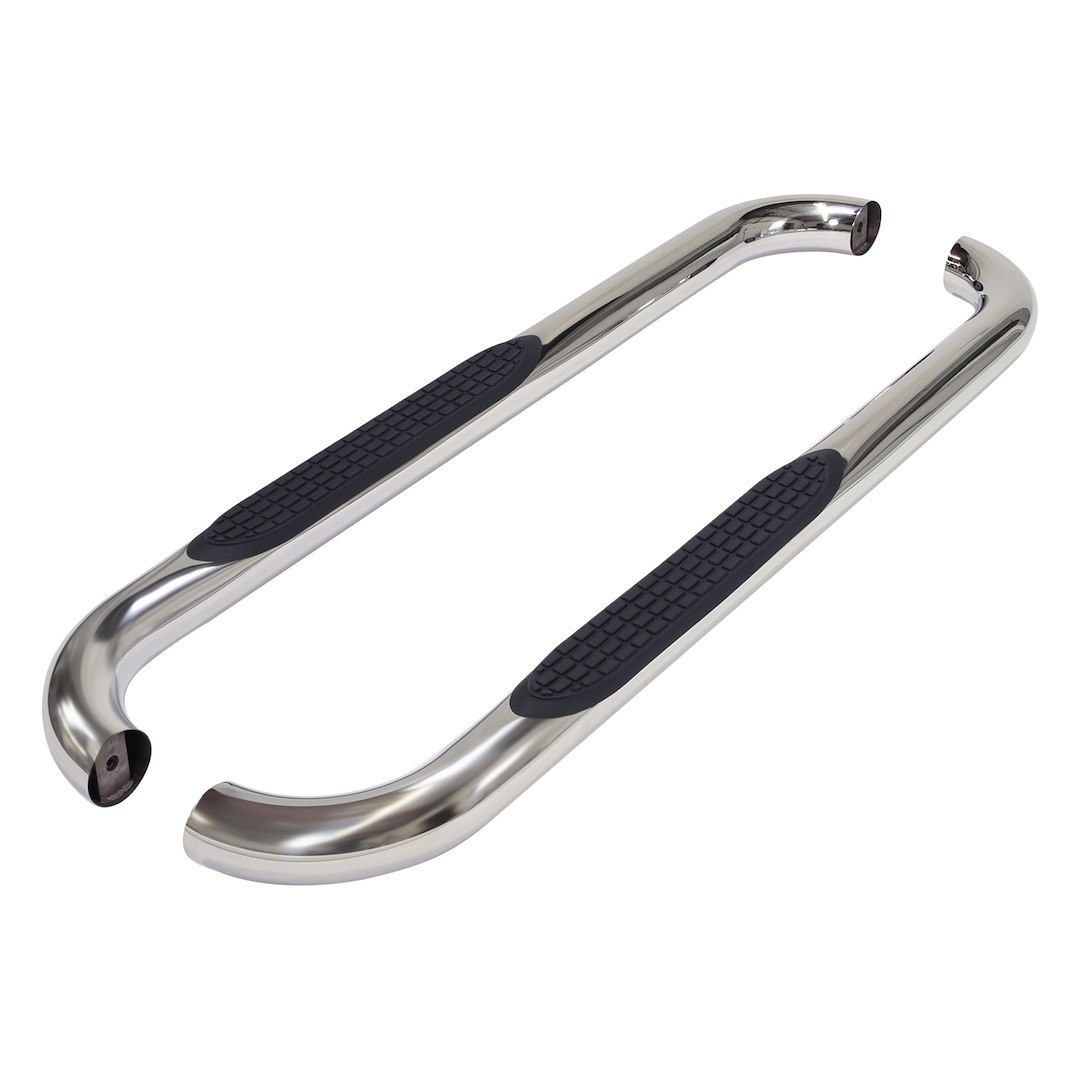 TrailFX Nerf Bar, Tfx Round Tube Side Steps, With Step Pads, 3 Inch Round Bent, Polished, Stainless Steel, Without End Caps – A0042S