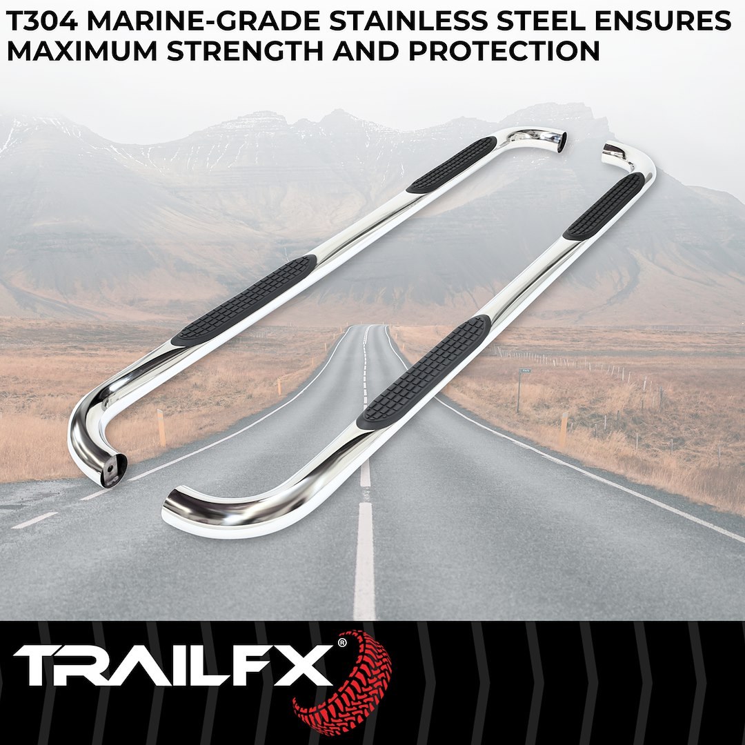 TrailFX Nerf Bar, Tfx Round Tube Side Steps, With Step Pads, 3 Inch Round Bent, Polished, Stainless Steel, Without End Caps – A0060S