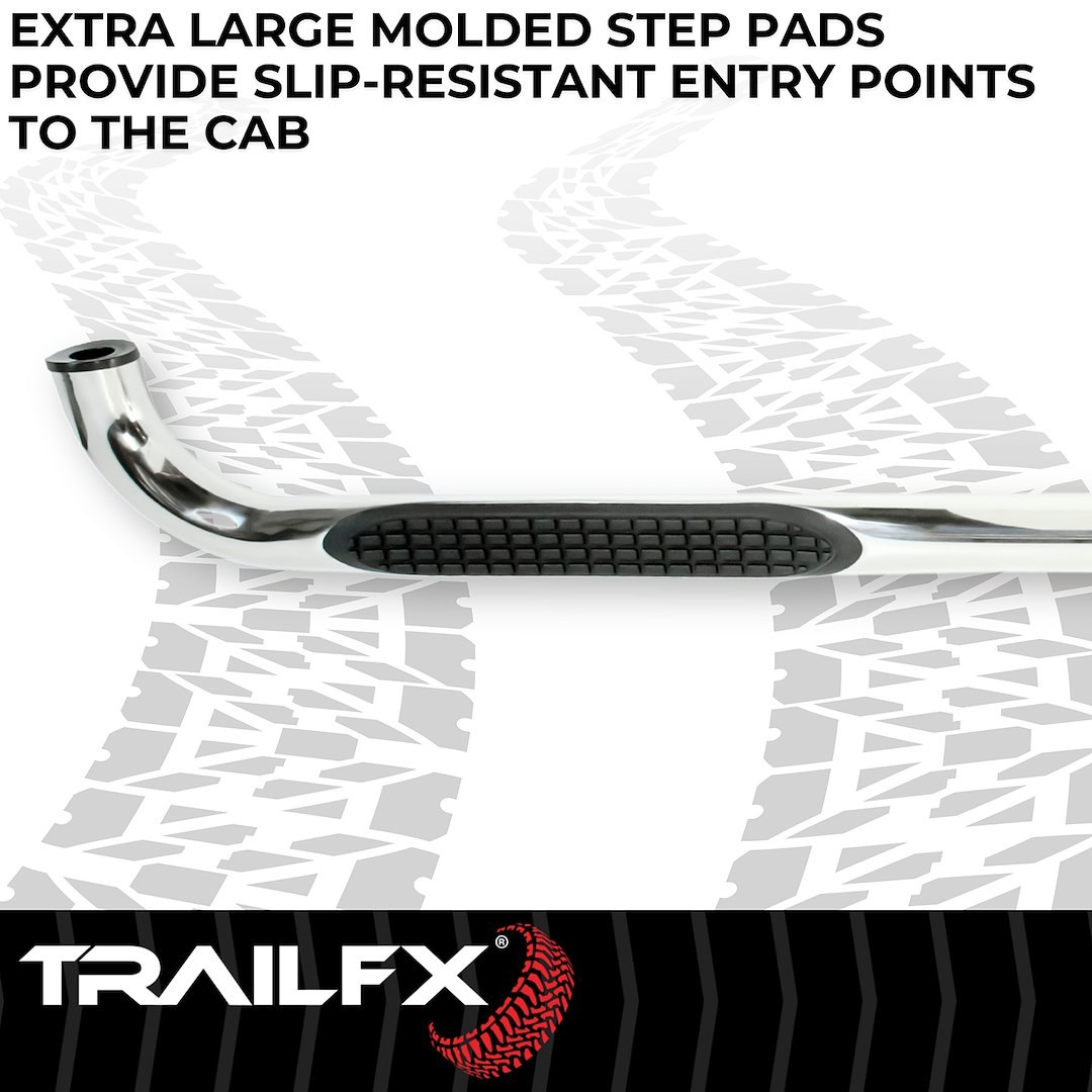TrailFX Nerf Bar, Tfx Round Tube Side Steps, With Step Pads, 3 Inch Round Bent, Polished, Stainless Steel, Without End Caps – A0060S