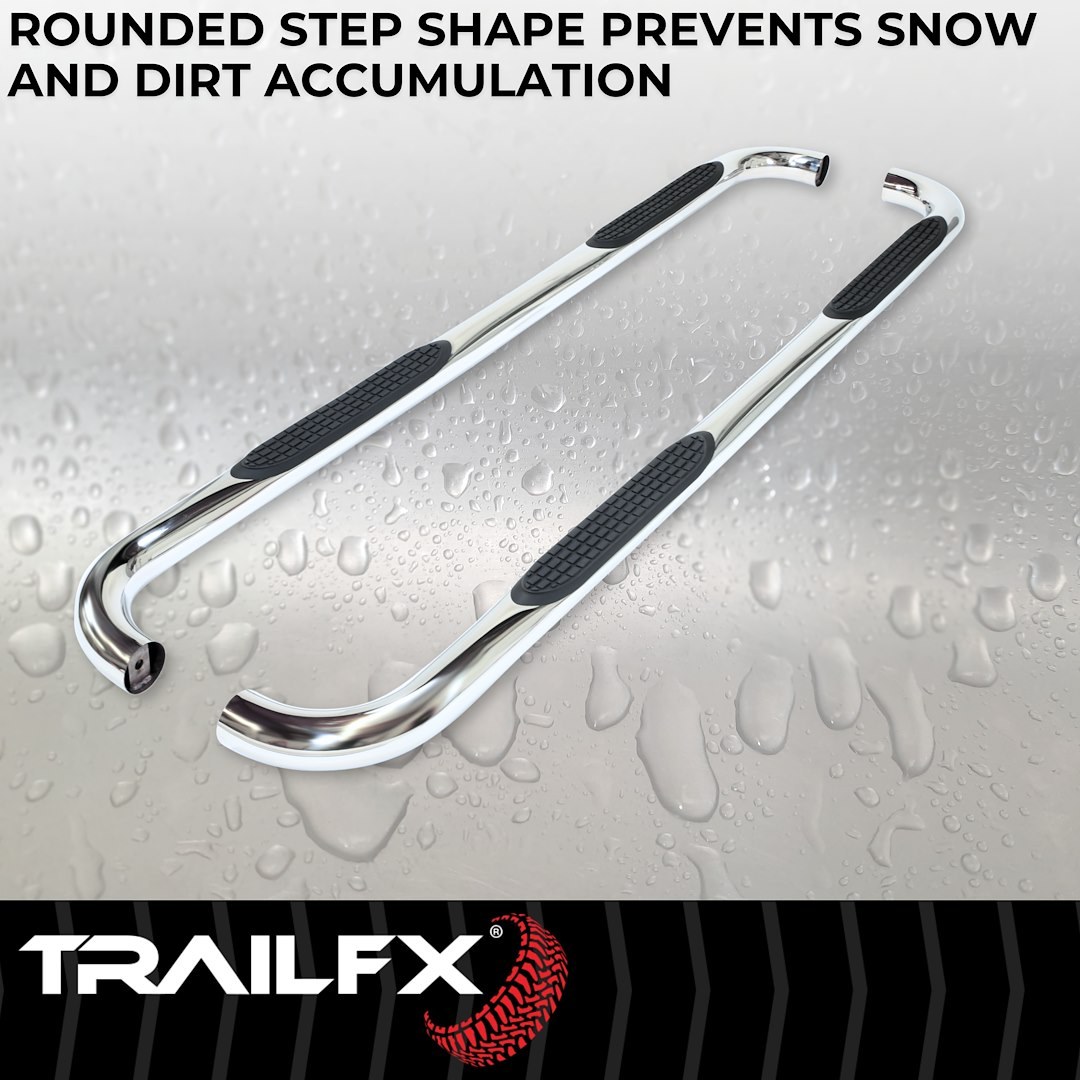TrailFX Nerf Bar, Tfx Round Tube Side Steps, With Step Pads, 3 Inch Round Bent, Polished, Stainless Steel, Without End Caps – A0060S